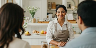Cafe owner assisting customers at counter