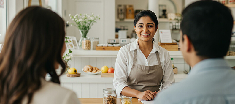 Cafe owner assisting customers at counter