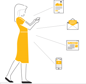 Illustration of woman interacting with company across multiple, independent channels Illustration of woman interacting with company across multiple, independent channels