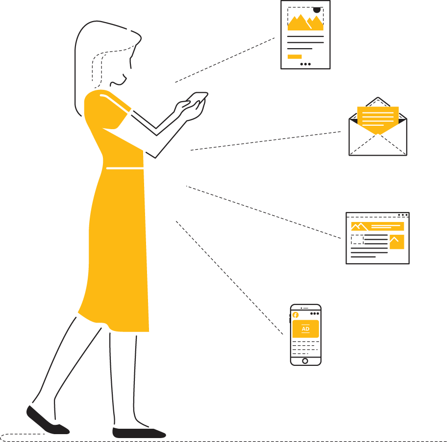 Illustration of woman interacting with company across multiple, independent channels Illustration of woman interacting with company across multiple, independent channels